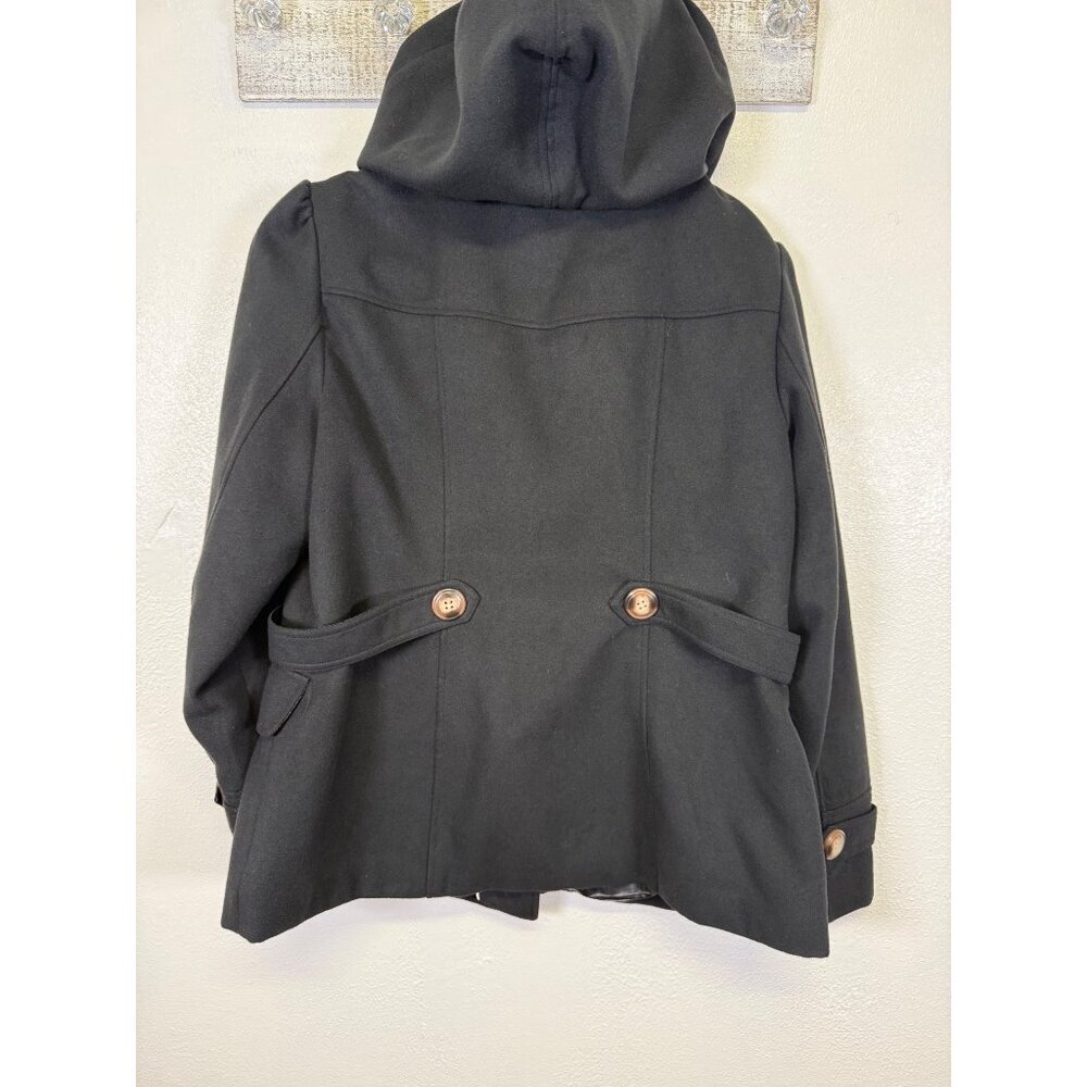 PINK ENVELOPE Womens Long Sleeve Button Front PeaCoat Jacket Black Hooded - Picture 13 of 13